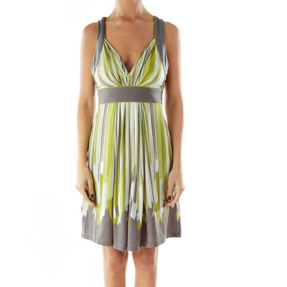 BCBG MaxAzria Green Gray Striped V-neck Day Dress